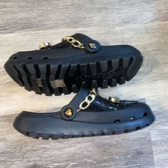 Skechers x Snoop Dogg Black Bling Clogs w/ Charms & Gold Chain Slip Ons SZ 8 - Picture 5 of 9
